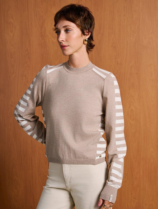 BLUSA LISTRADA DE LÃ E CASHMERE COM PUNHOS CANELADOS E GOLA REDONDA BIAMAR 11827